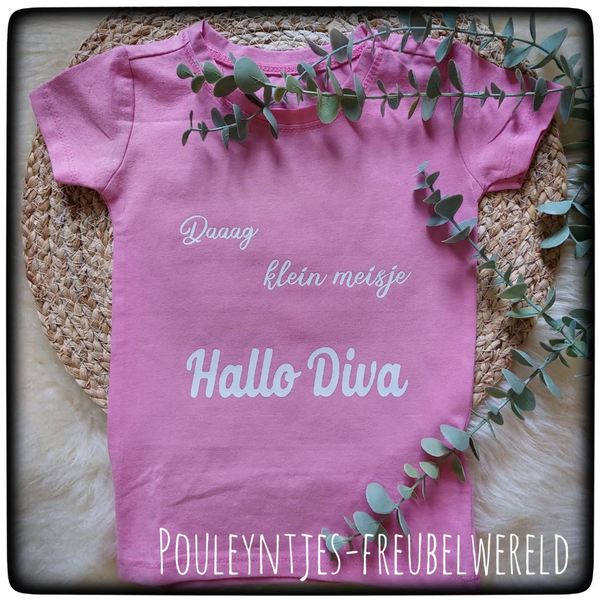 Roze t-shirt korte mouwen - Daaag klein meisje Hallo Diva - maat 92